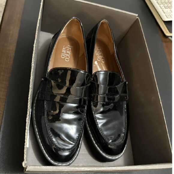 Franco Sarto Womens Cassandra Penny Loafers Black Patent Platform Shoes Sz 7.5M - Picture 1 of 2